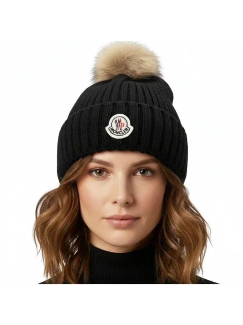 M Style Real Fox Fur Pom Pom Black Knit Beanie – Women’s Winter Hat 09/16